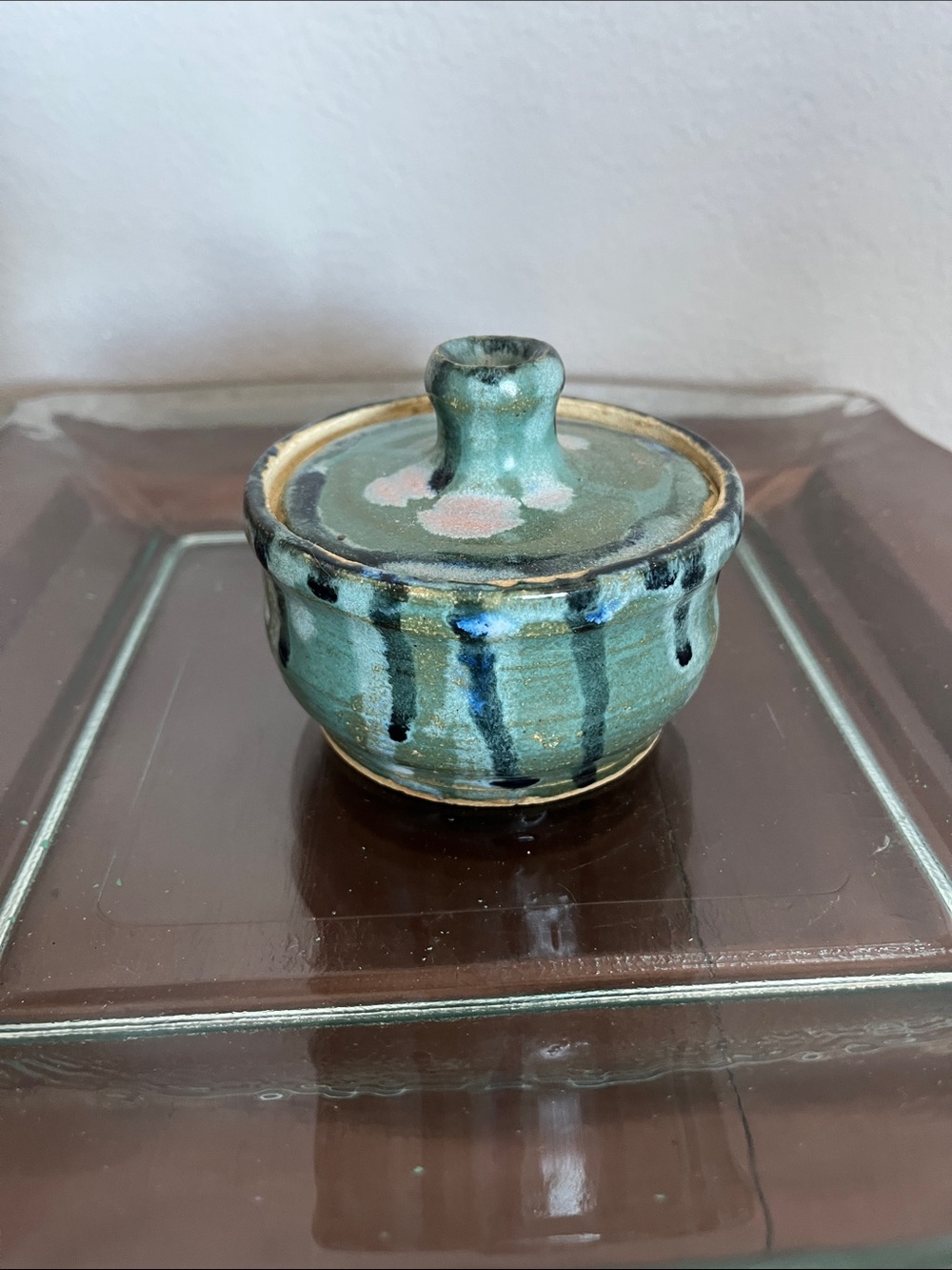 Vintage Green Glazed Stoneware Lidded Bowl: Signed Studio Pottery